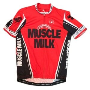 Castelli Womens L Racing Shirt MUSCLE MILK Red White Black Short Sleeve Full Zip